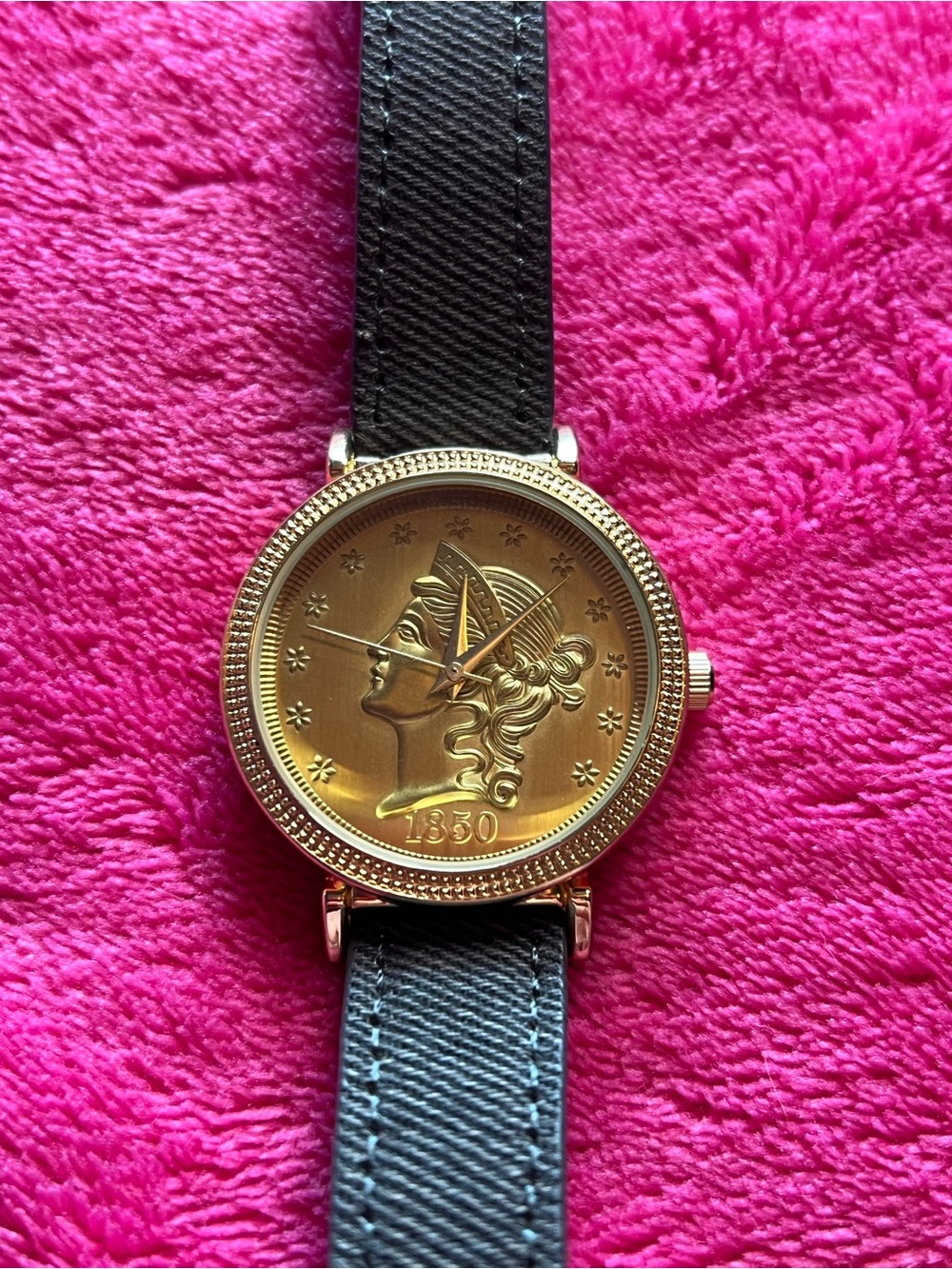 1850 Gold Coin Watch with Dark Denim Band Charming Charlie